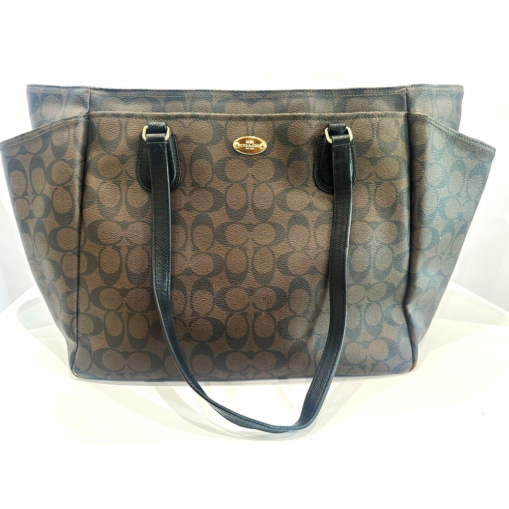 Coach F35414 Signature C Brown Black Diaper Baby Tote Shoulder Bag Large